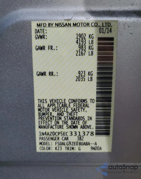 2014 Nissan Leaf S z USA, uszkodzony, nr VIN 1N4AZ0CP5EC331378